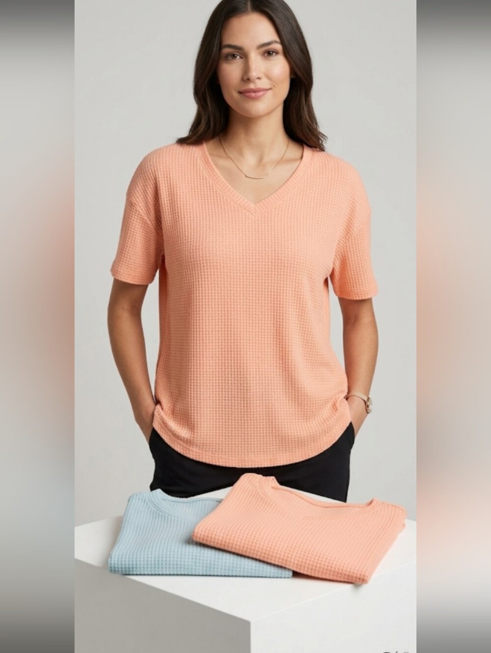 Women’s Peach And Light Blue V-Neck Waffle Knit Tee#102
